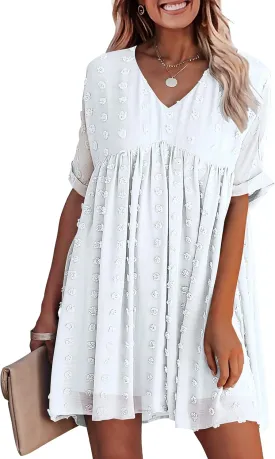 KIRUNDO Womens Summer Dresses 2024 Casual V Neck Short Sleeve Swiss Dot Ruffle Loose Flowy Mini Babydoll Dress