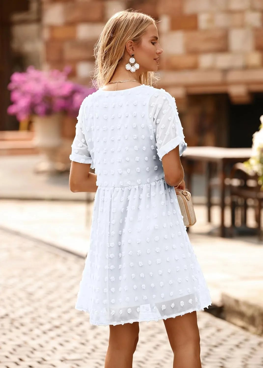 KIRUNDO Womens Summer Dresses 2024 Casual V Neck Short Sleeve Swiss Dot Ruffle Loose Flowy Mini Babydoll Dress
