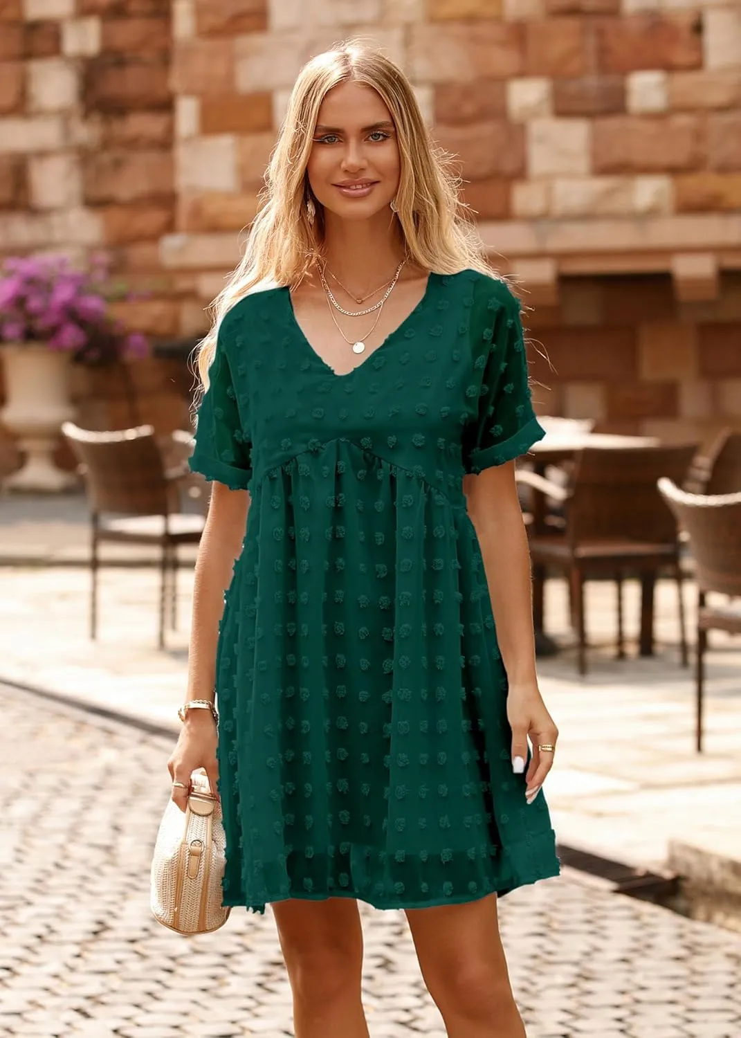 KIRUNDO Womens Summer Dresses 2024 Casual V Neck Short Sleeve Swiss Dot Ruffle Loose Flowy Mini Babydoll Dress