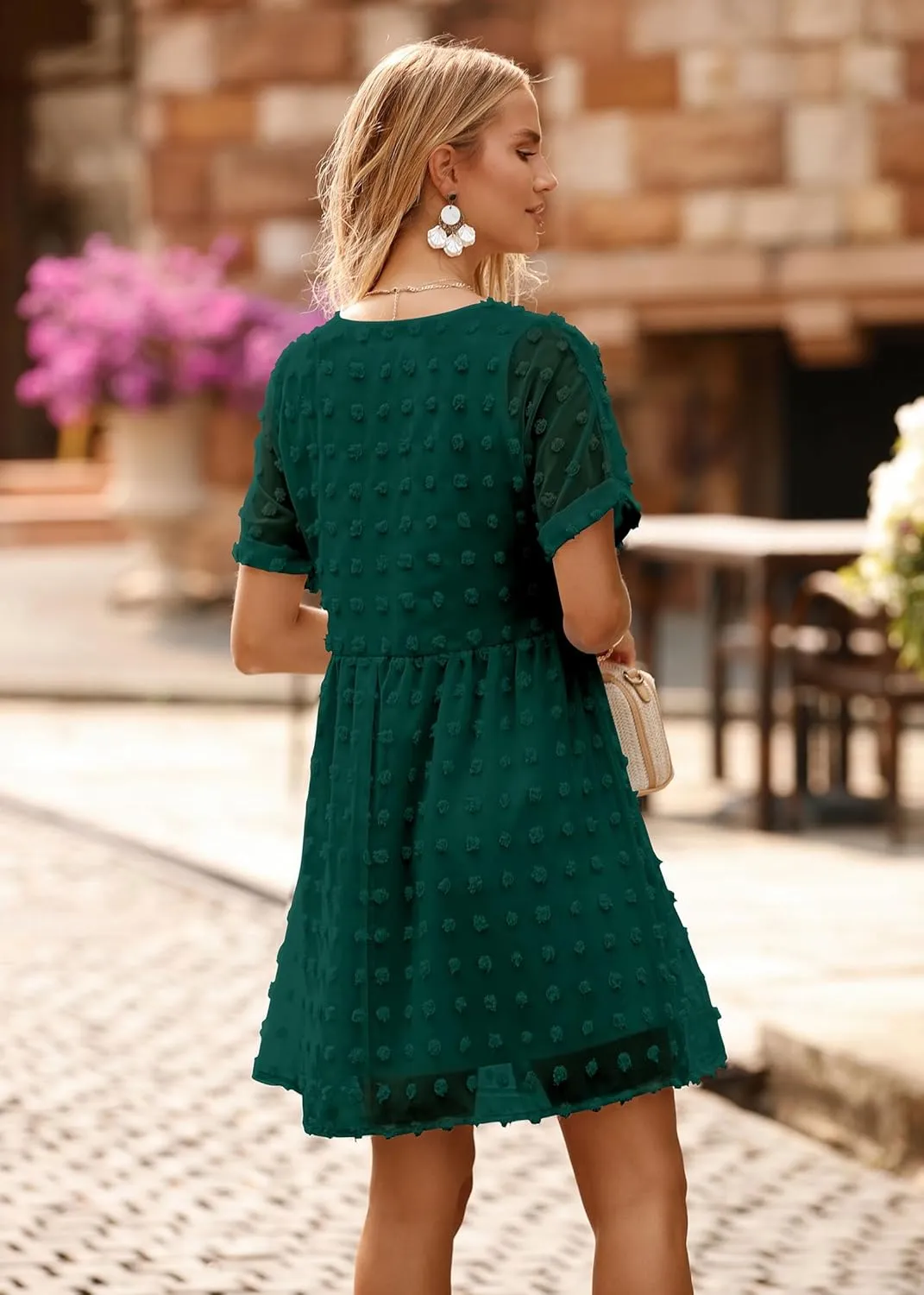 KIRUNDO Womens Summer Dresses 2024 Casual V Neck Short Sleeve Swiss Dot Ruffle Loose Flowy Mini Babydoll Dress