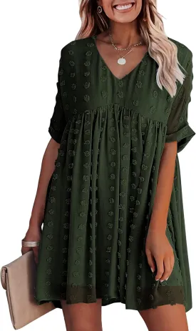 KIRUNDO Womens Summer Dresses 2024 Casual V Neck Short Sleeve Swiss Dot Ruffle Loose Flowy Mini Babydoll Dress