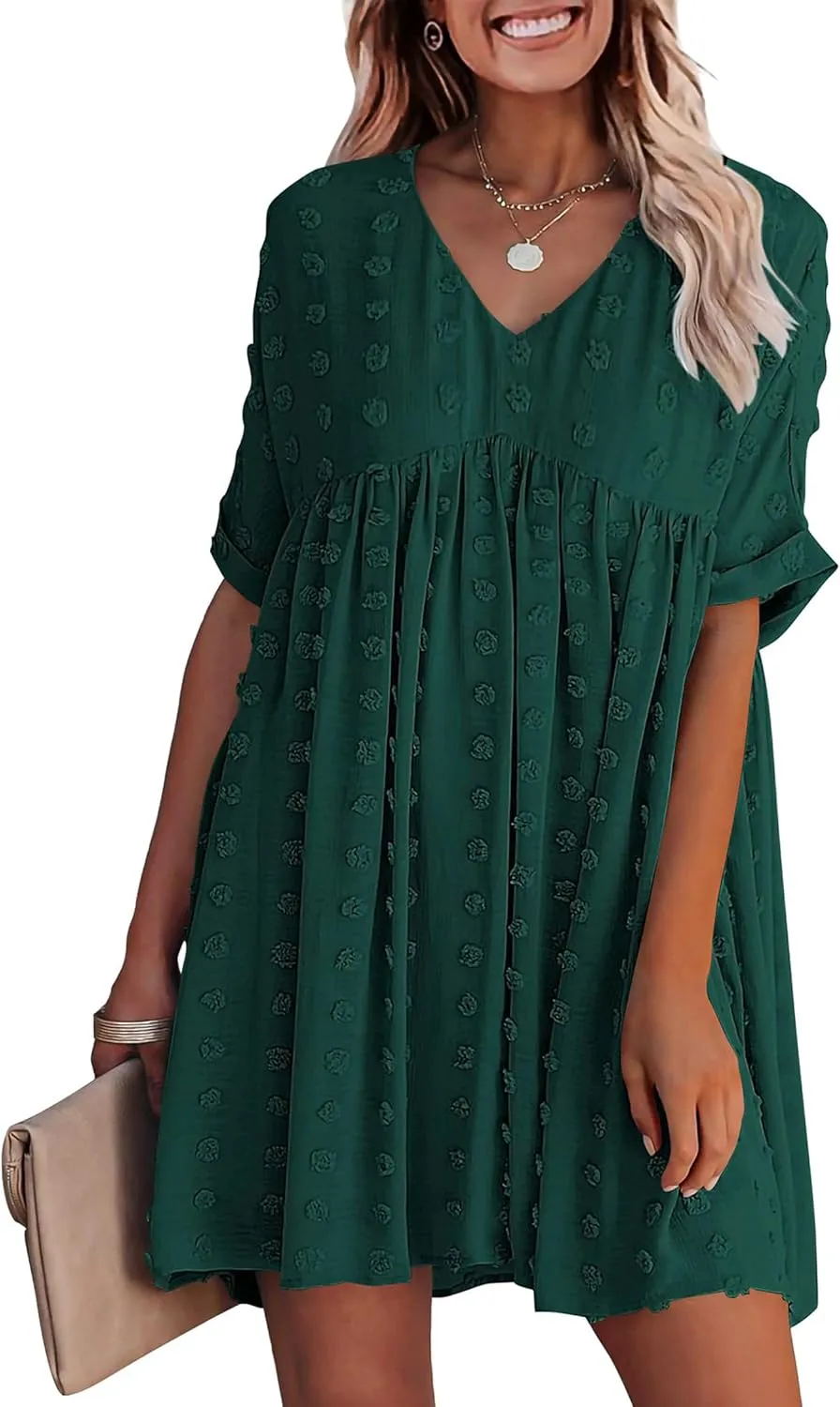 KIRUNDO Womens Summer Dresses 2024 Casual V Neck Short Sleeve Swiss Dot Ruffle Loose Flowy Mini Babydoll Dress