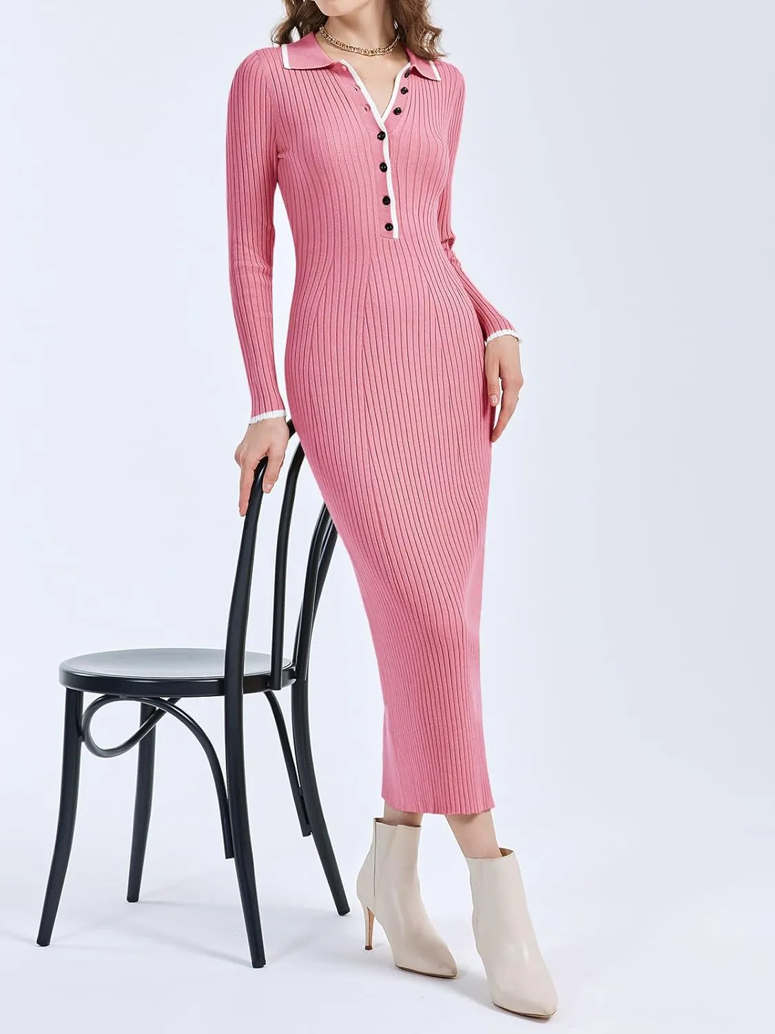 Langwyqu Womens Knit Long Sweater Dress Button V Neck Collared Long Sleeve Ribbed Bodycon Pullover 2024 Fall Maxi Dresses