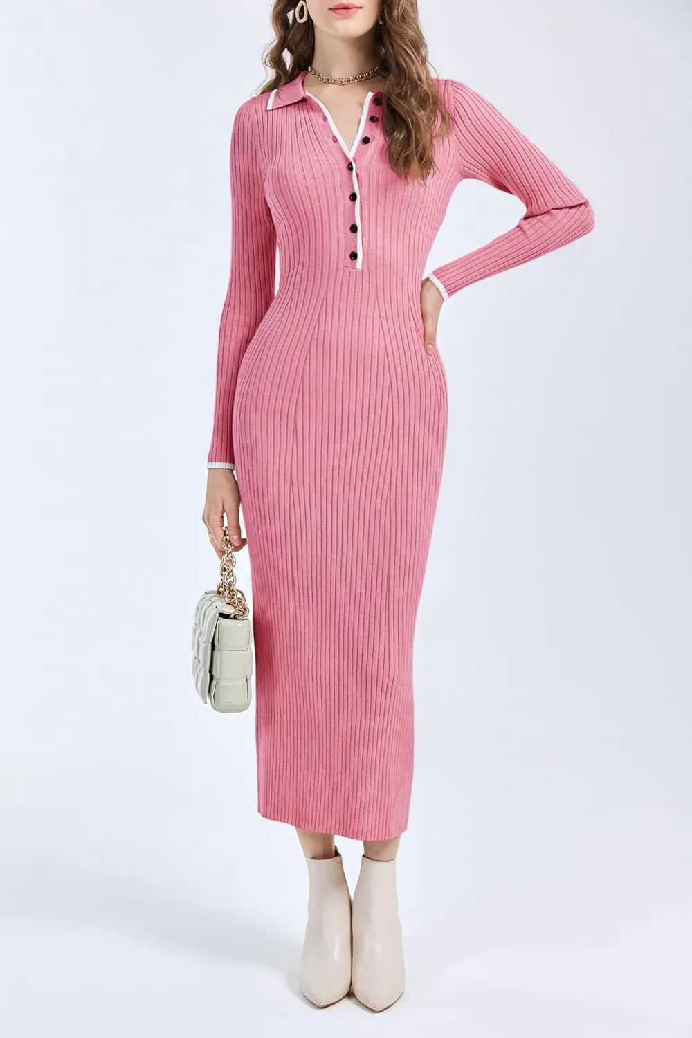 Langwyqu Womens Knit Long Sweater Dress Button V Neck Collared Long Sleeve Ribbed Bodycon Pullover 2024 Fall Maxi Dresses