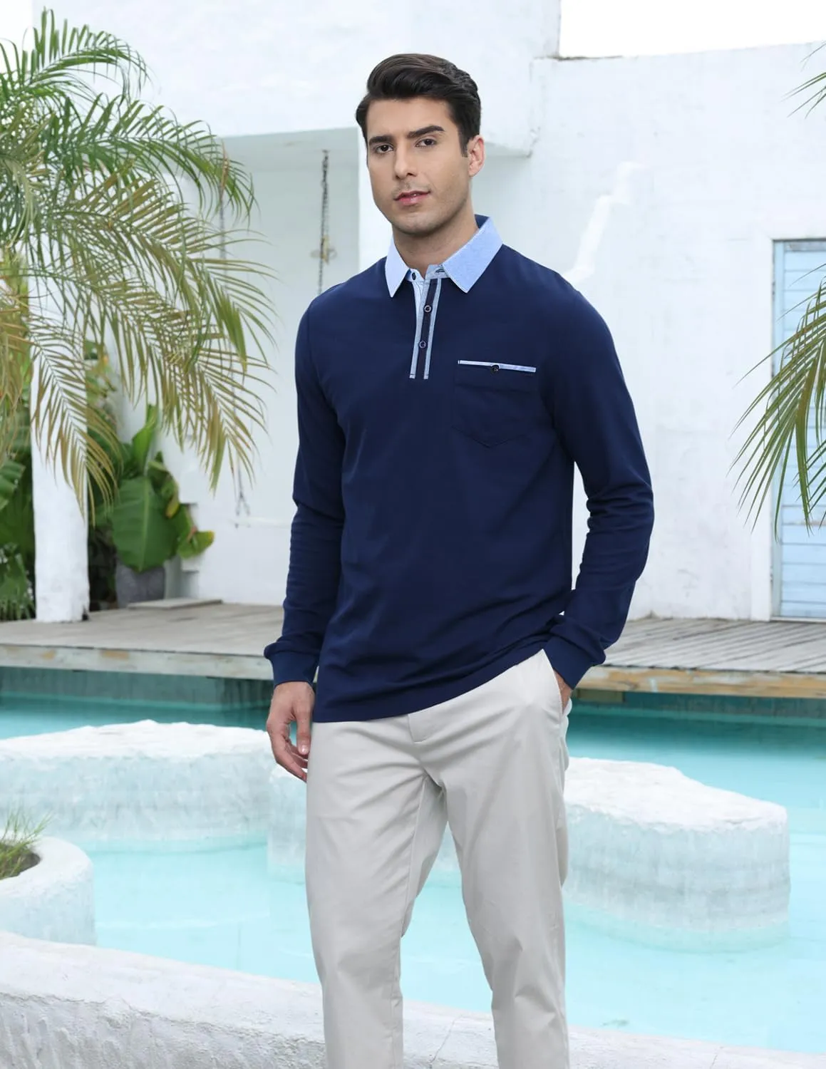 LIUPMWE Men's Shirt Long Sleeve Polo Shirt for Men Basic Slim Fit Long Sleeve Polo Men's Shirts with Pocket Golf Shirts