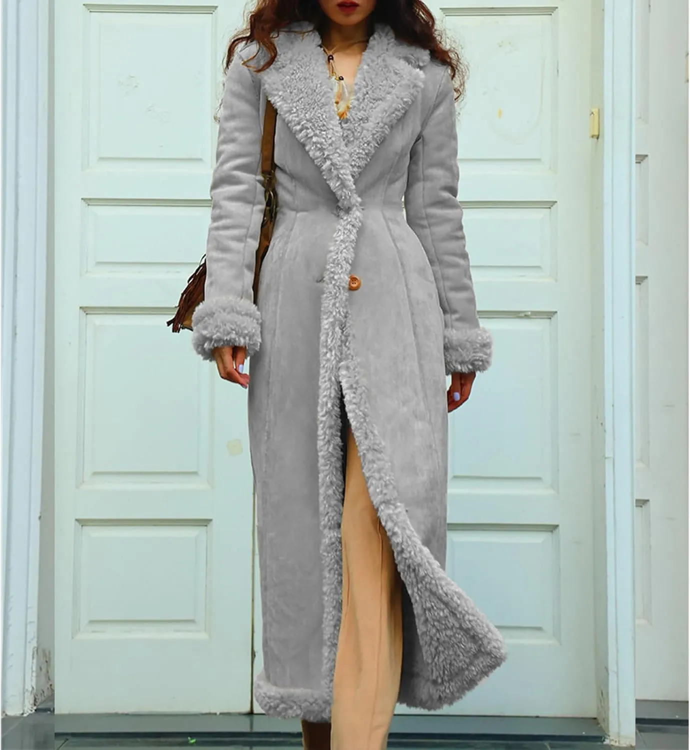 Long Jackets for Women Trendy Winter Open Front Cardigan Faux Fur Warm Trim Parka Outwear Casual Loose with Pockets