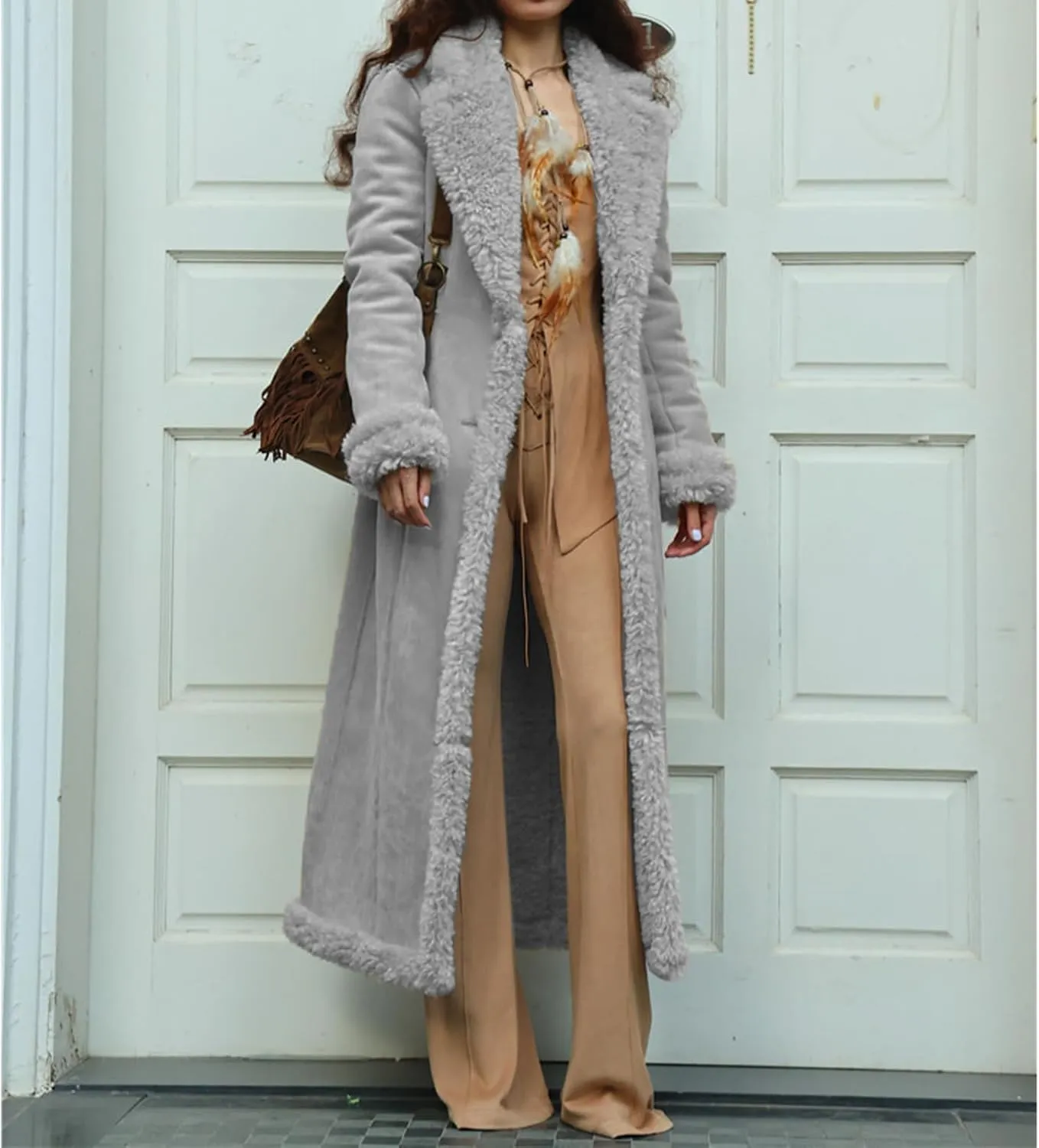 Long Jackets for Women Trendy Winter Open Front Cardigan Faux Fur Warm Trim Parka Outwear Casual Loose with Pockets