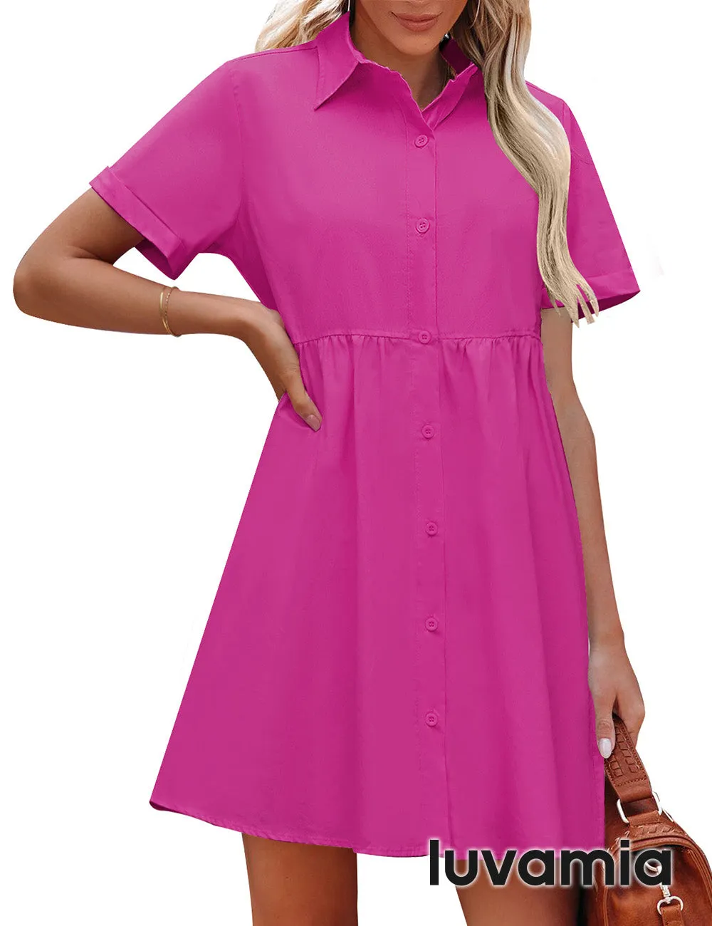 luvamia Shirt Dresses for Women Button Down Babydoll Collared Swing A Line Short Tunic Dress