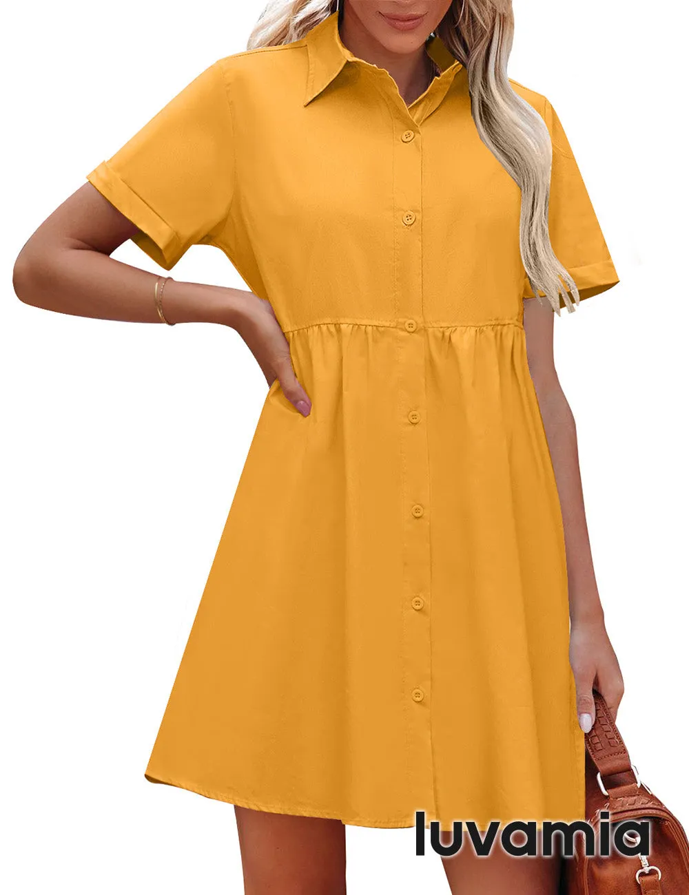 luvamia Shirt Dresses for Women Button Down Babydoll Collared Swing A Line Short Tunic Dress