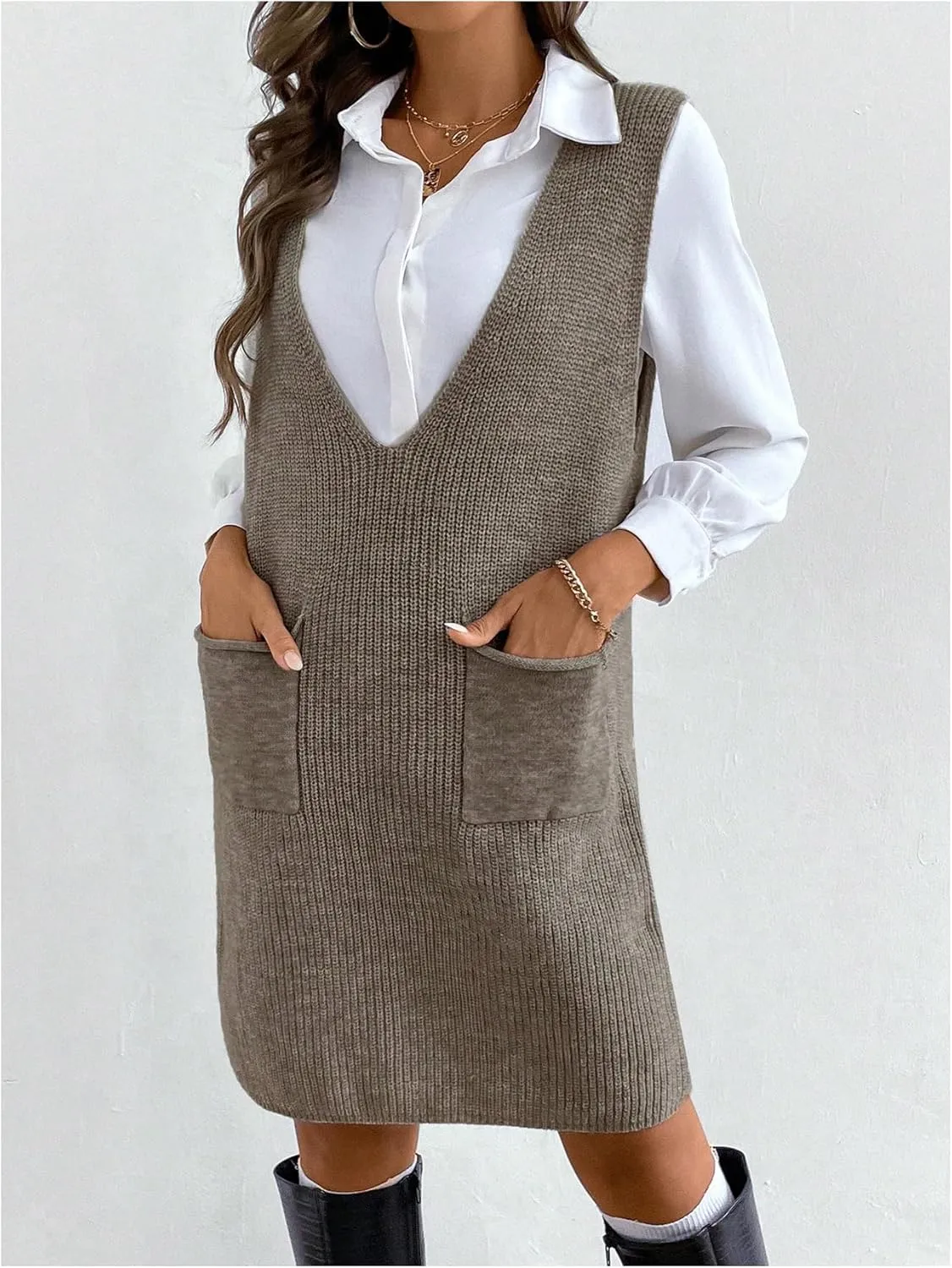 MakeMeChic Women's Casual Sweater Dress V Neck Sleeveless Knit Short Sweater Dresses with Pocket