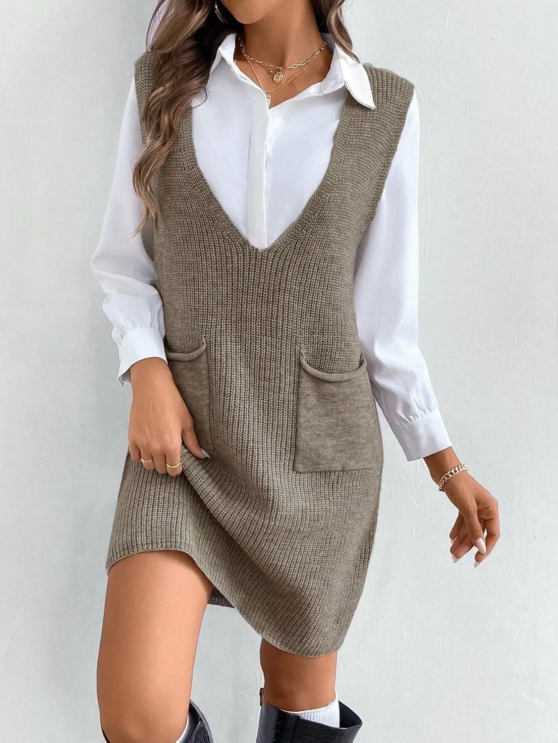 MakeMeChic Women's Casual Sweater Dress V Neck Sleeveless Knit Short Sweater Dresses with Pocket