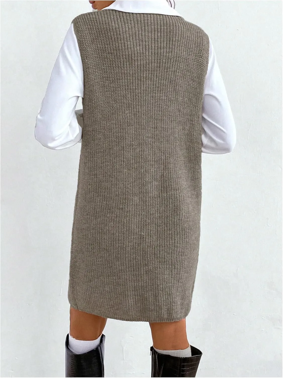 MakeMeChic Women's Casual Sweater Dress V Neck Sleeveless Knit Short Sweater Dresses with Pocket