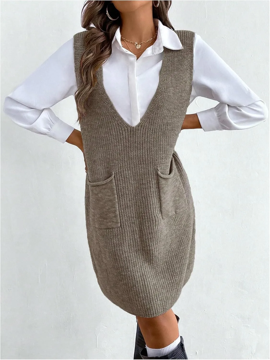 MakeMeChic Women's Casual Sweater Dress V Neck Sleeveless Knit Short Sweater Dresses with Pocket