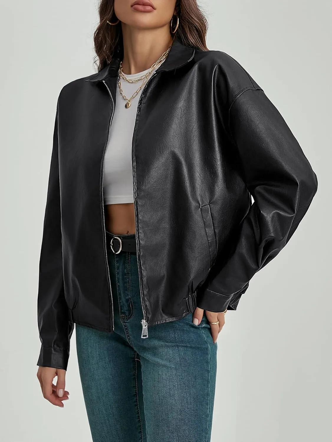 MakeMeChic Women's Faux Leather Shacket Long Sleeve Zip Up Motorcycle Jacket Biker Coat