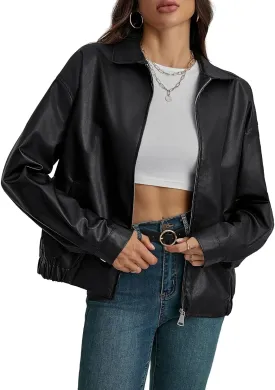 MakeMeChic Women's Faux Leather Shacket Long Sleeve Zip Up Motorcycle Jacket Biker Coat