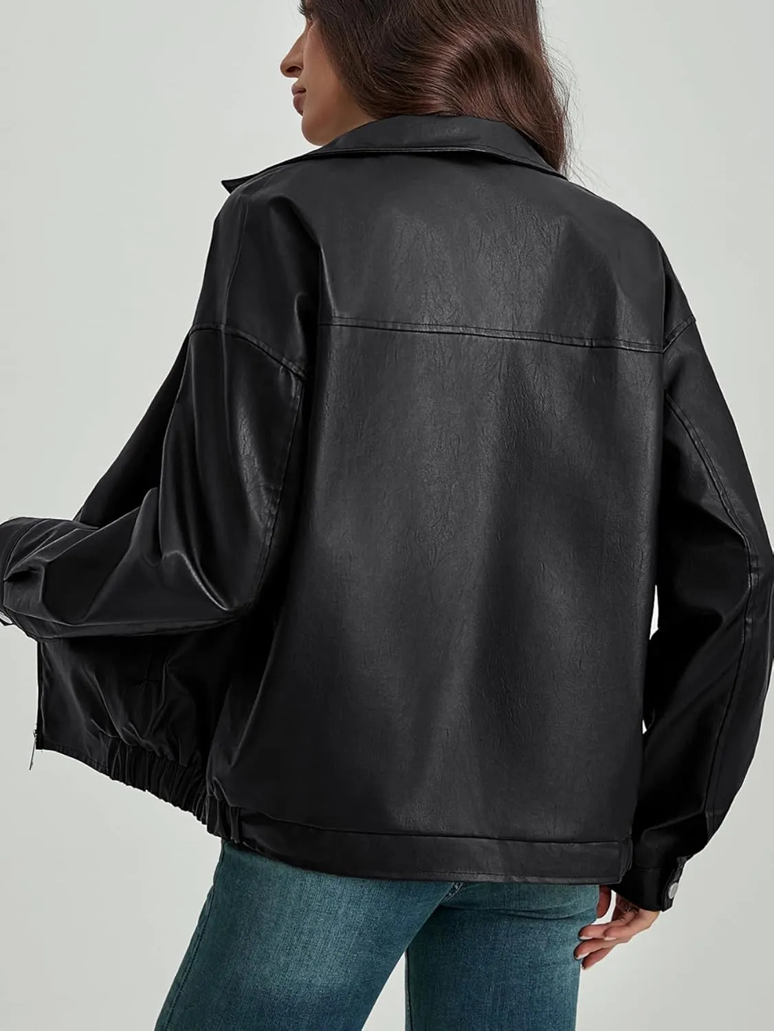 MakeMeChic Women's Faux Leather Shacket Long Sleeve Zip Up Motorcycle Jacket Biker Coat