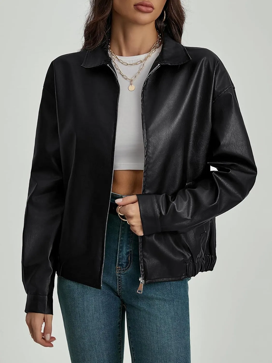 MakeMeChic Women's Faux Leather Shacket Long Sleeve Zip Up Motorcycle Jacket Biker Coat