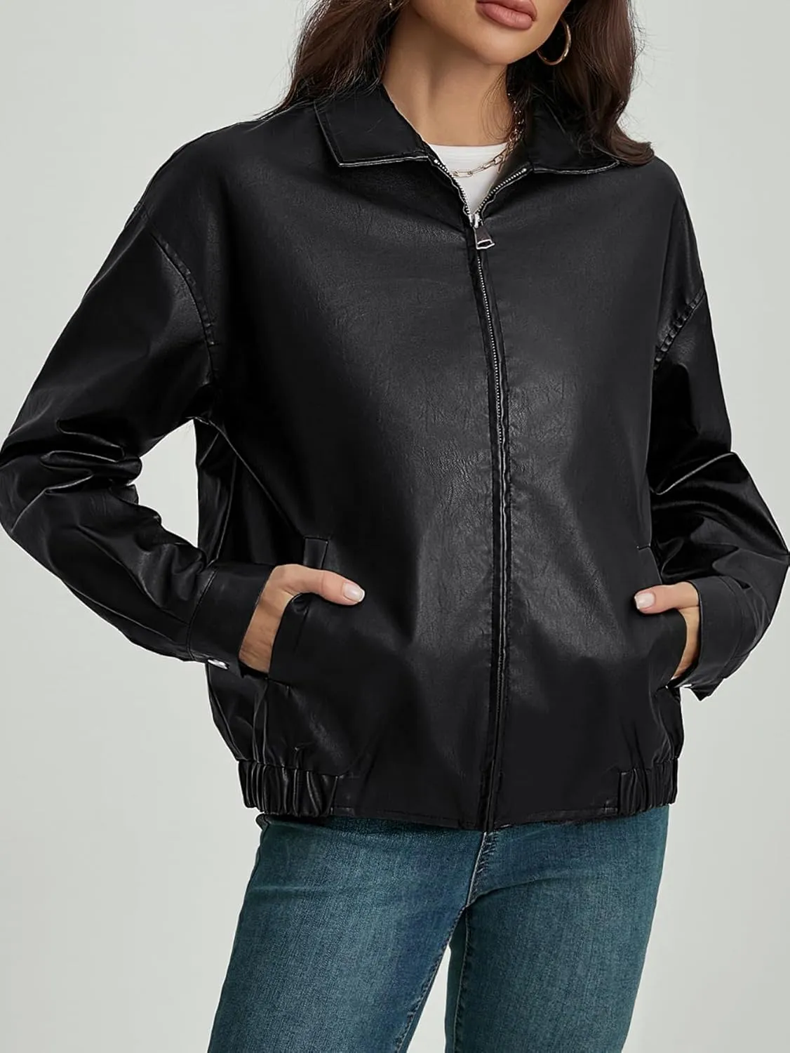 MakeMeChic Women's Faux Leather Shacket Long Sleeve Zip Up Motorcycle Jacket Biker Coat