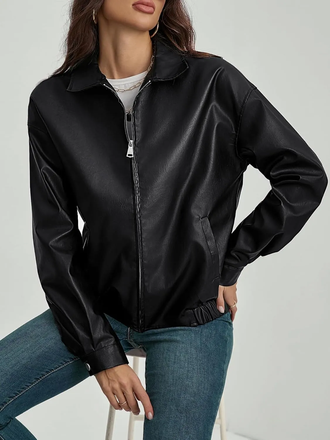 MakeMeChic Women's Faux Leather Shacket Long Sleeve Zip Up Motorcycle Jacket Biker Coat