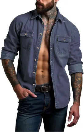 Mens Jeans Slim Fit Stretch Comfy Summer Outdoor Street Denim Shirts Lapel Button Down Long Sleeve Jacket with Pocket