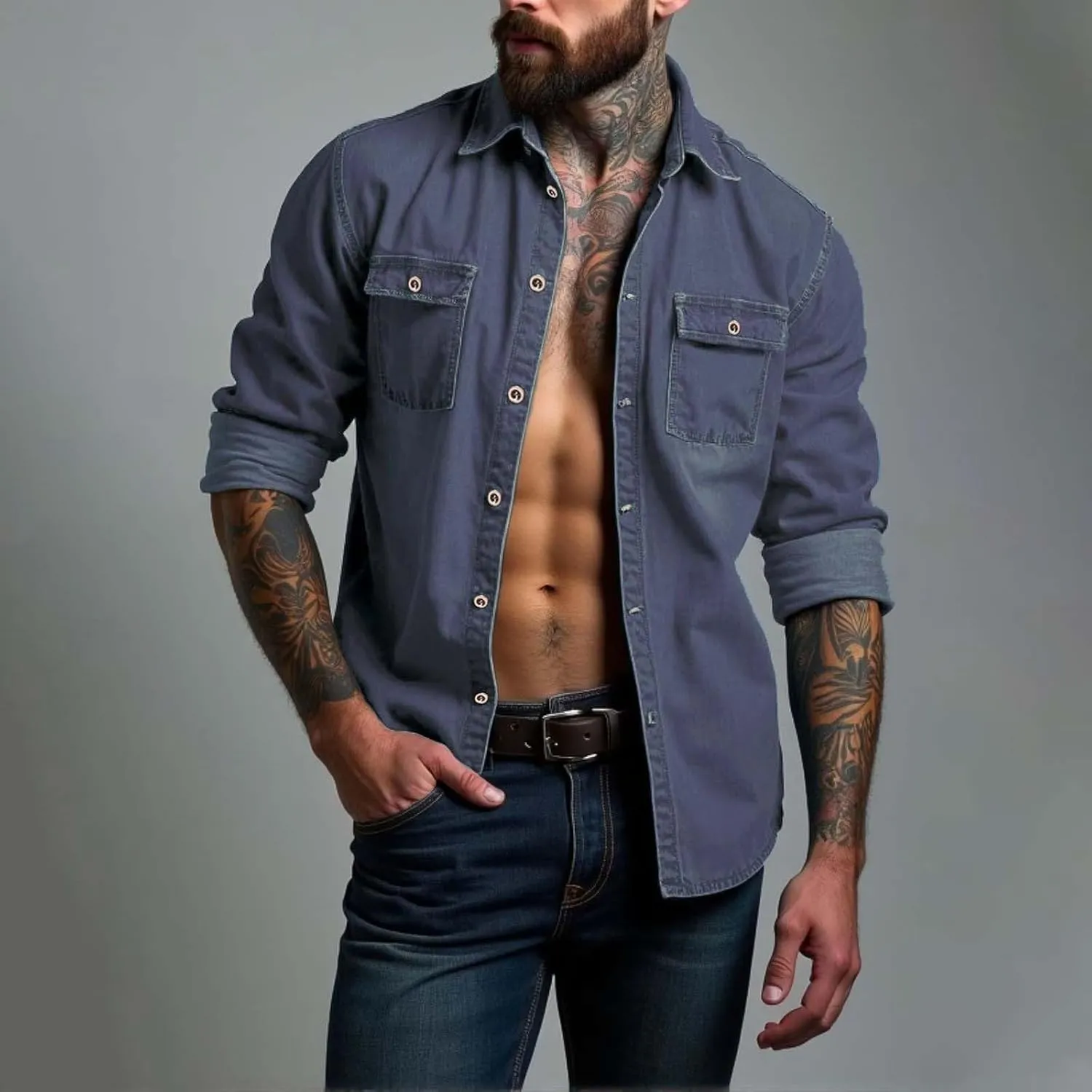 Mens Jeans Slim Fit Stretch Comfy Summer Outdoor Street Denim Shirts Lapel Button Down Long Sleeve Jacket with Pocket