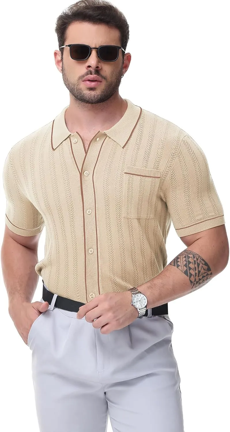 Men's Short Sleeve Breathable Knit Polo Shirt Hollow Out Button Down Knitwear