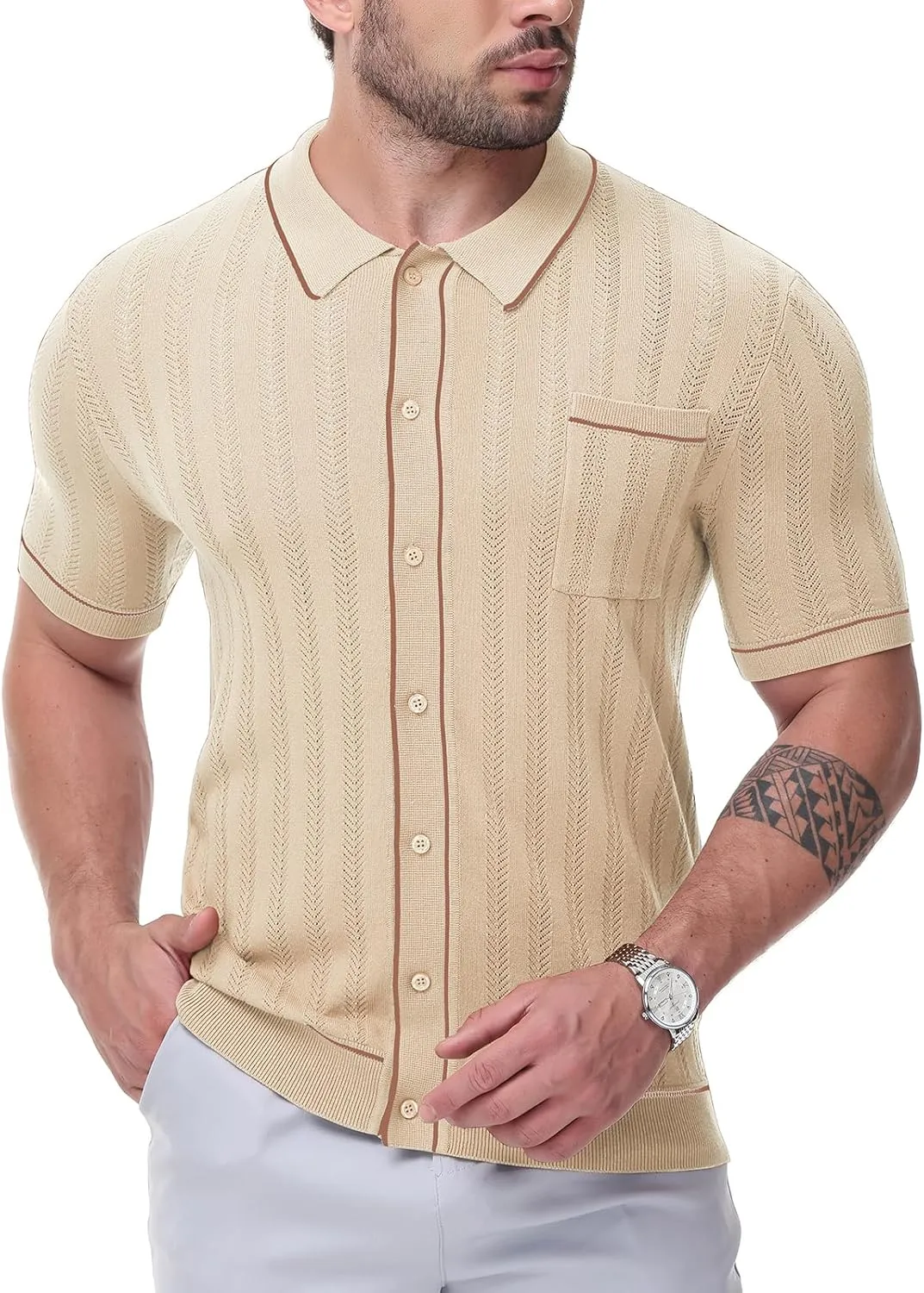 Men's Short Sleeve Breathable Knit Polo Shirt Hollow Out Button Down Knitwear