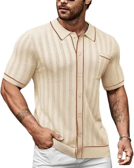 Men's Short Sleeve Breathable Knit Polo Shirt Hollow Out Button Down Knitwear