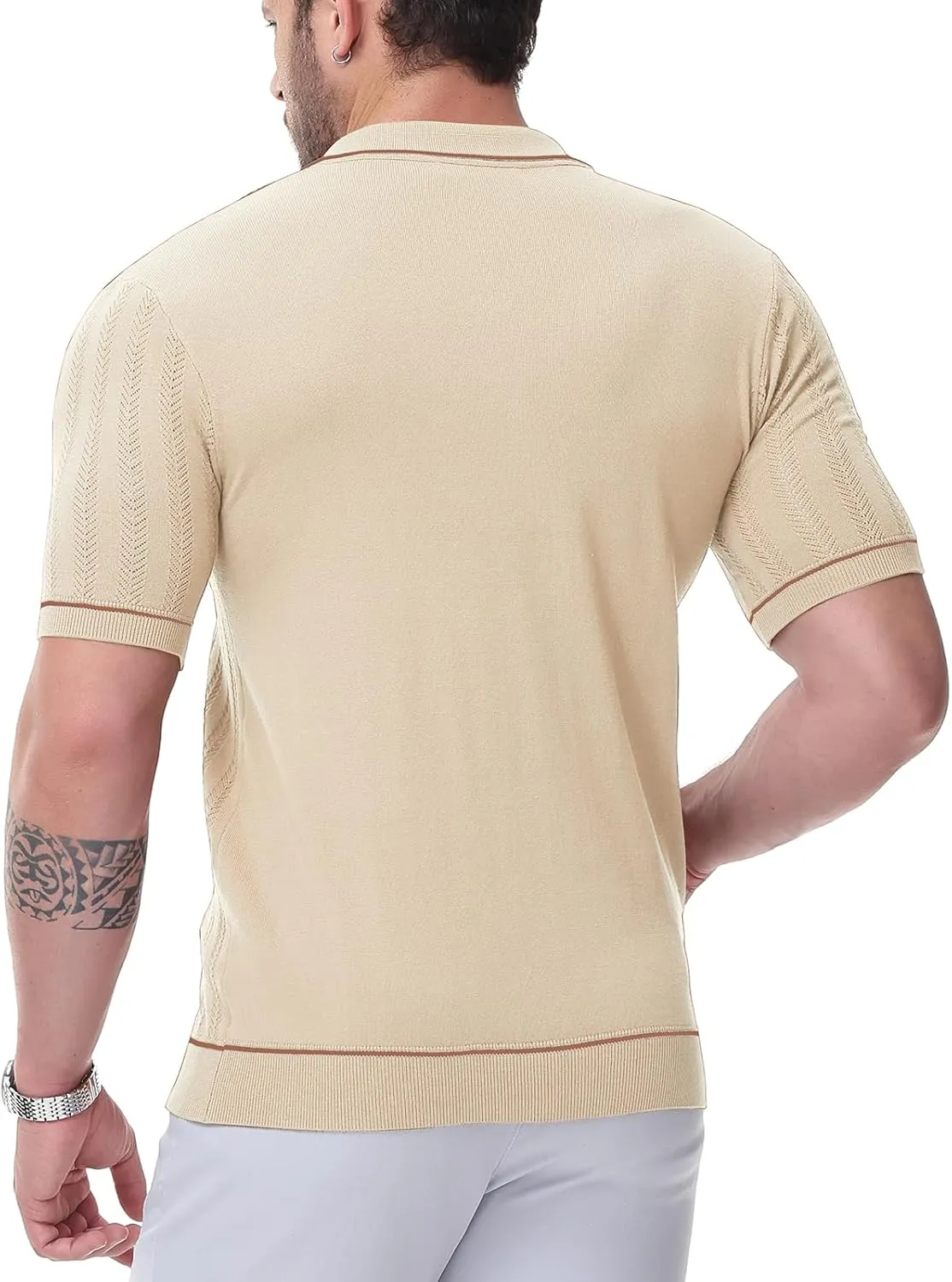 Men's Short Sleeve Breathable Knit Polo Shirt Hollow Out Button Down Knitwear