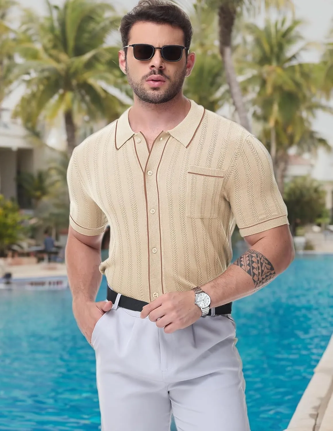 Men's Short Sleeve Breathable Knit Polo Shirt Hollow Out Button Down Knitwear