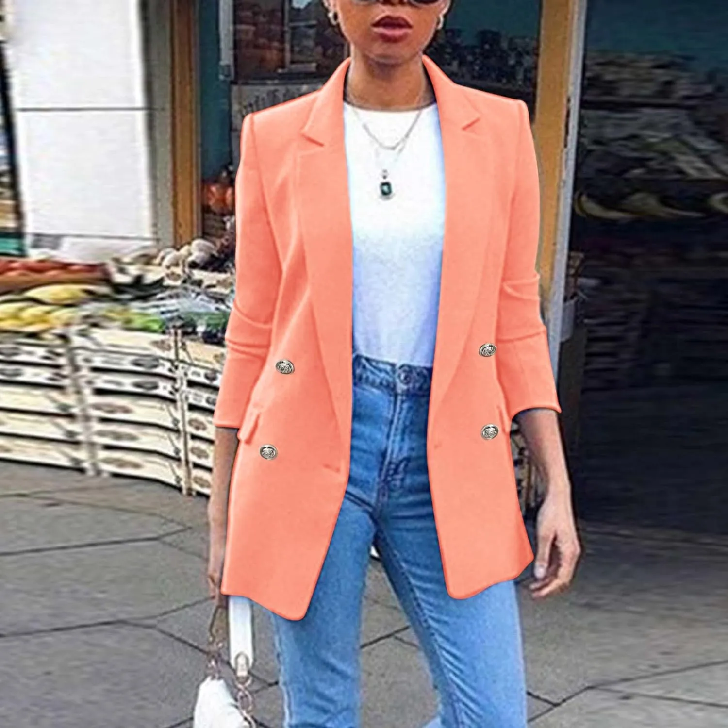 Miyaomn Womens Solid Color Casual Office Blazer Suit Jacket Slim Fit Double Breasted Notched Shawl Collar Sports Coat Outwear