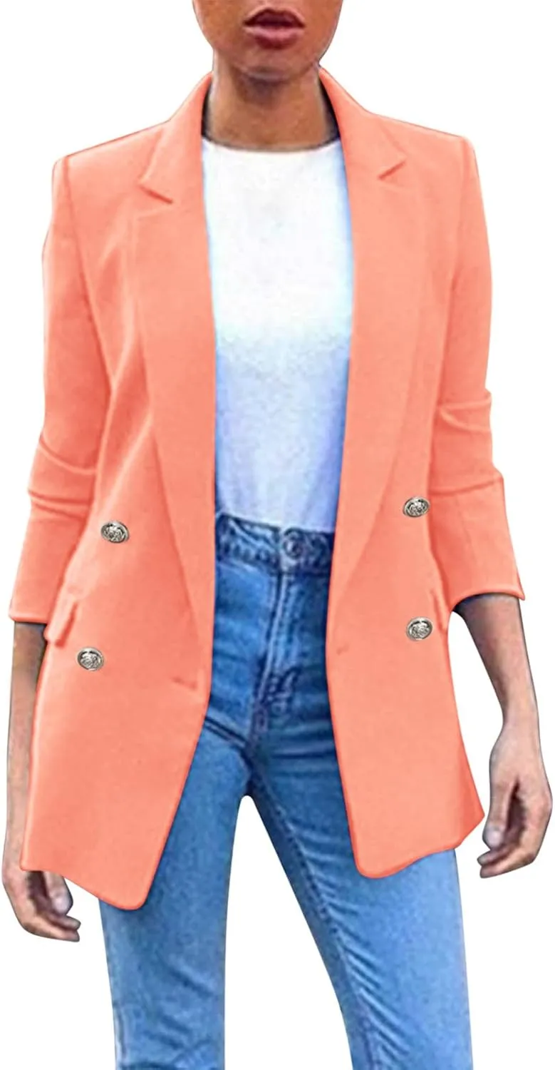 Miyaomn Womens Solid Color Casual Office Blazer Suit Jacket Slim Fit Double Breasted Notched Shawl Collar Sports Coat Outwear