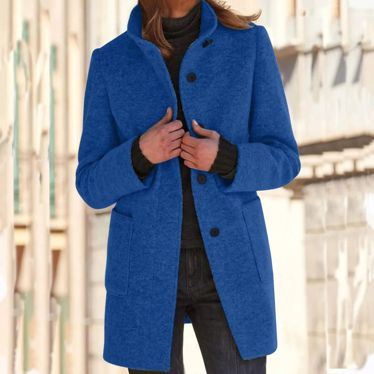 Mmoneyake Long Pea Coats for Women Fall Winter Wool Coats Casual Thicken Stand Collar Single Breasted Peacoat Blazer Jacket