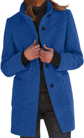 Mmoneyake Long Pea Coats for Women Fall Winter Wool Coats Casual Thicken Stand Collar Single Breasted Peacoat Blazer Jacket