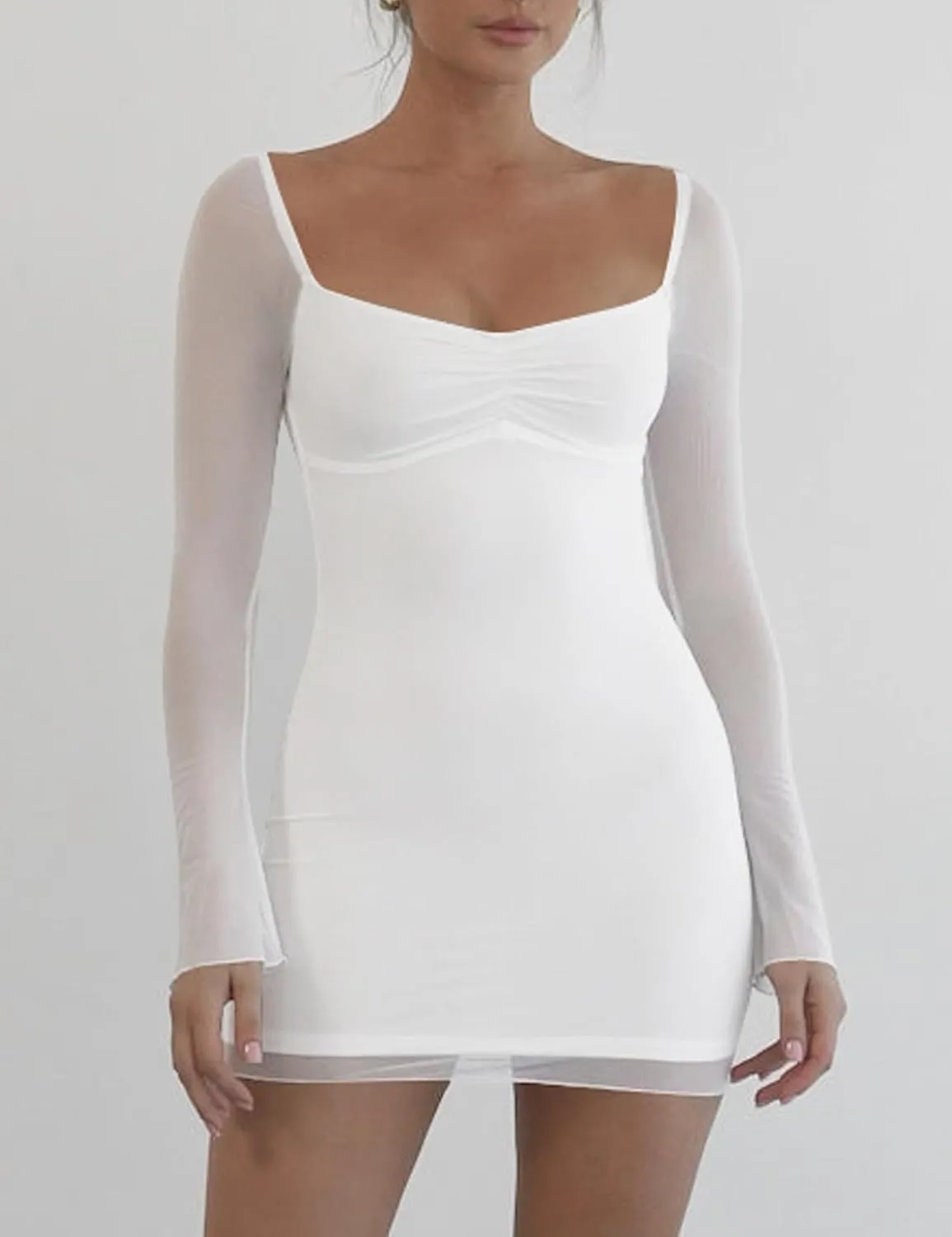 Mokoru Women's Sexy Bodycon Mesh Long Sleeve Square Neck Mini Party Short Dress
