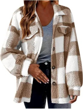 Plaid Fleece Shacket Jacket Womens Oversized Flannel Button Fall Hoodie Jackets With Pockets Warm Winter Coats