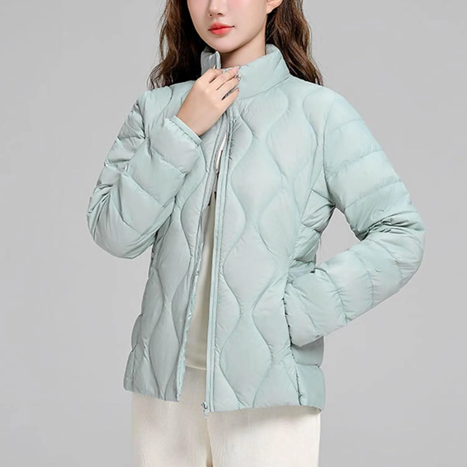 Quilted Lightweight Jacket for Women Plus Size Short Puffer Coats Stand Collar Zip Up Warm Down Jacket Fall Winter
