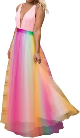 Rainbow Summer Dresses for Women Cami Spagehtti Strap Chiffon Sundress Sexy V Neck Backless Swing Maxi Dress