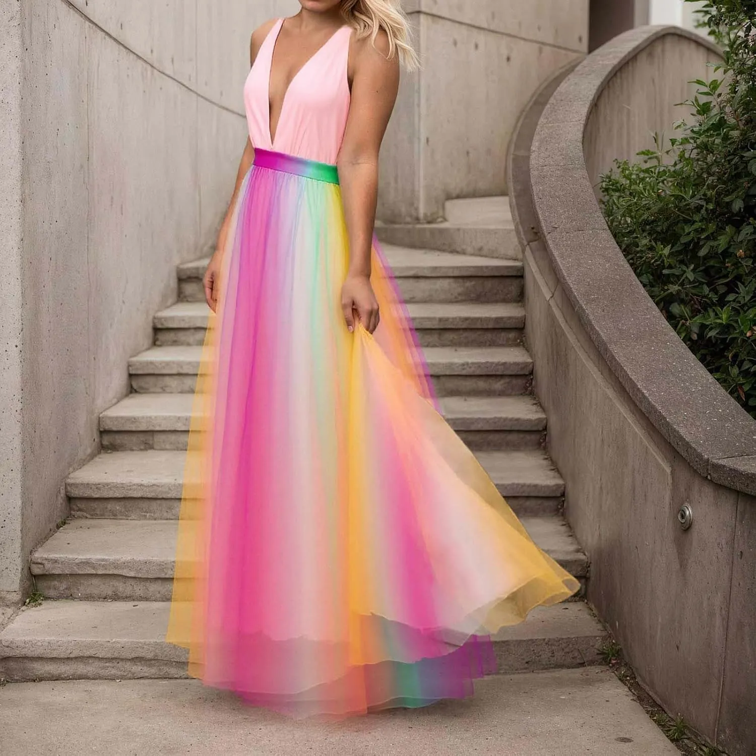 Rainbow Summer Dresses for Women Cami Spagehtti Strap Chiffon Sundress Sexy V Neck Backless Swing Maxi Dress