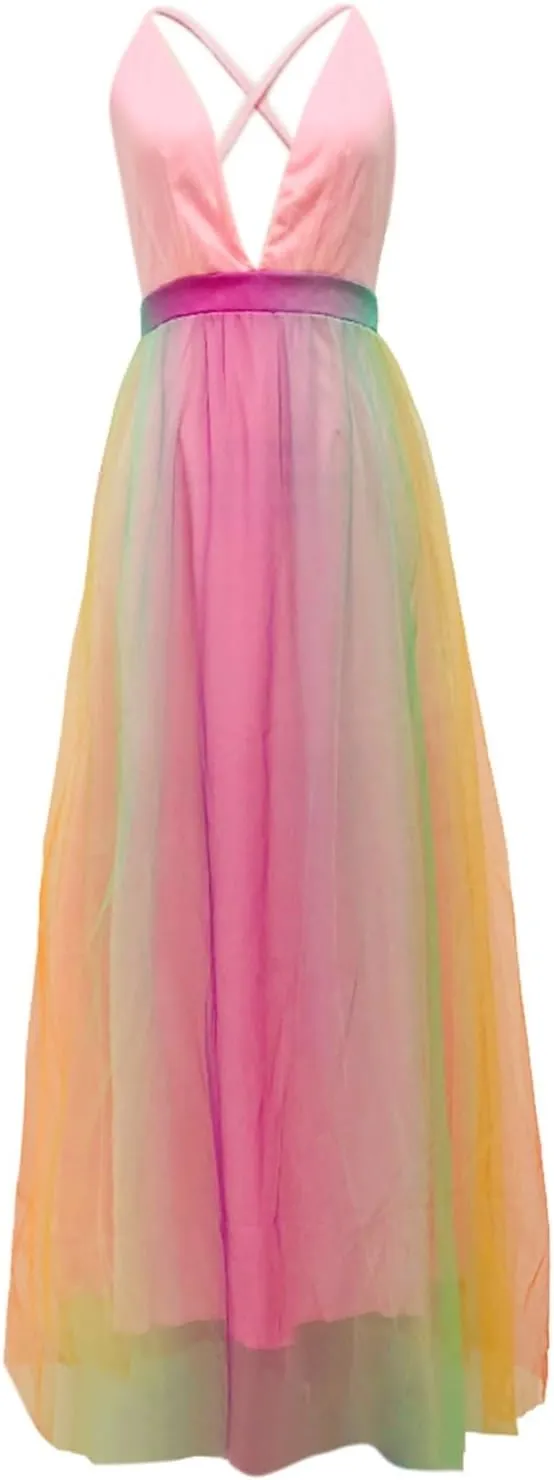 Rainbow Summer Dresses for Women Cami Spagehtti Strap Chiffon Sundress Sexy V Neck Backless Swing Maxi Dress