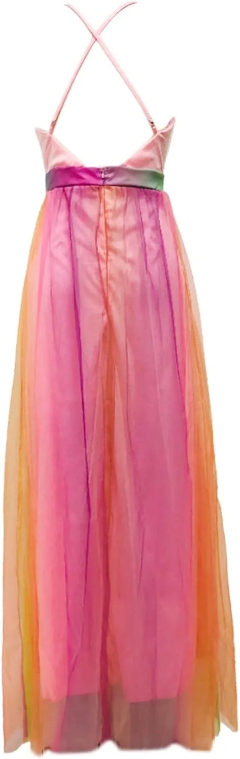 Rainbow Summer Dresses for Women Cami Spagehtti Strap Chiffon Sundress Sexy V Neck Backless Swing Maxi Dress