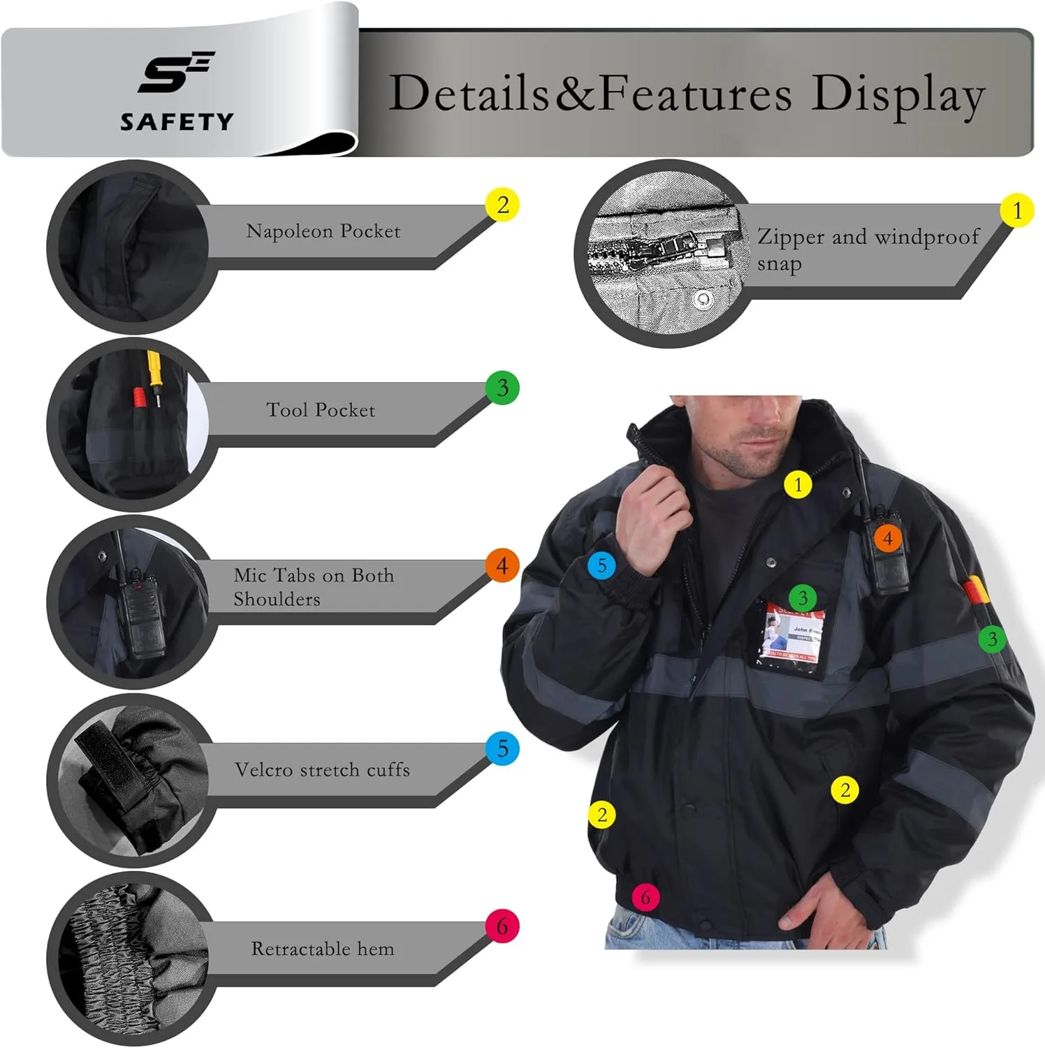 sesafety Reflective Jacket for Men, High Visibility Jackets, Safety Jackets for Men, Hi Vis Construction Bomber Jackets Waterproof with Pockets and Zipper, Black Bottom, Class 3
