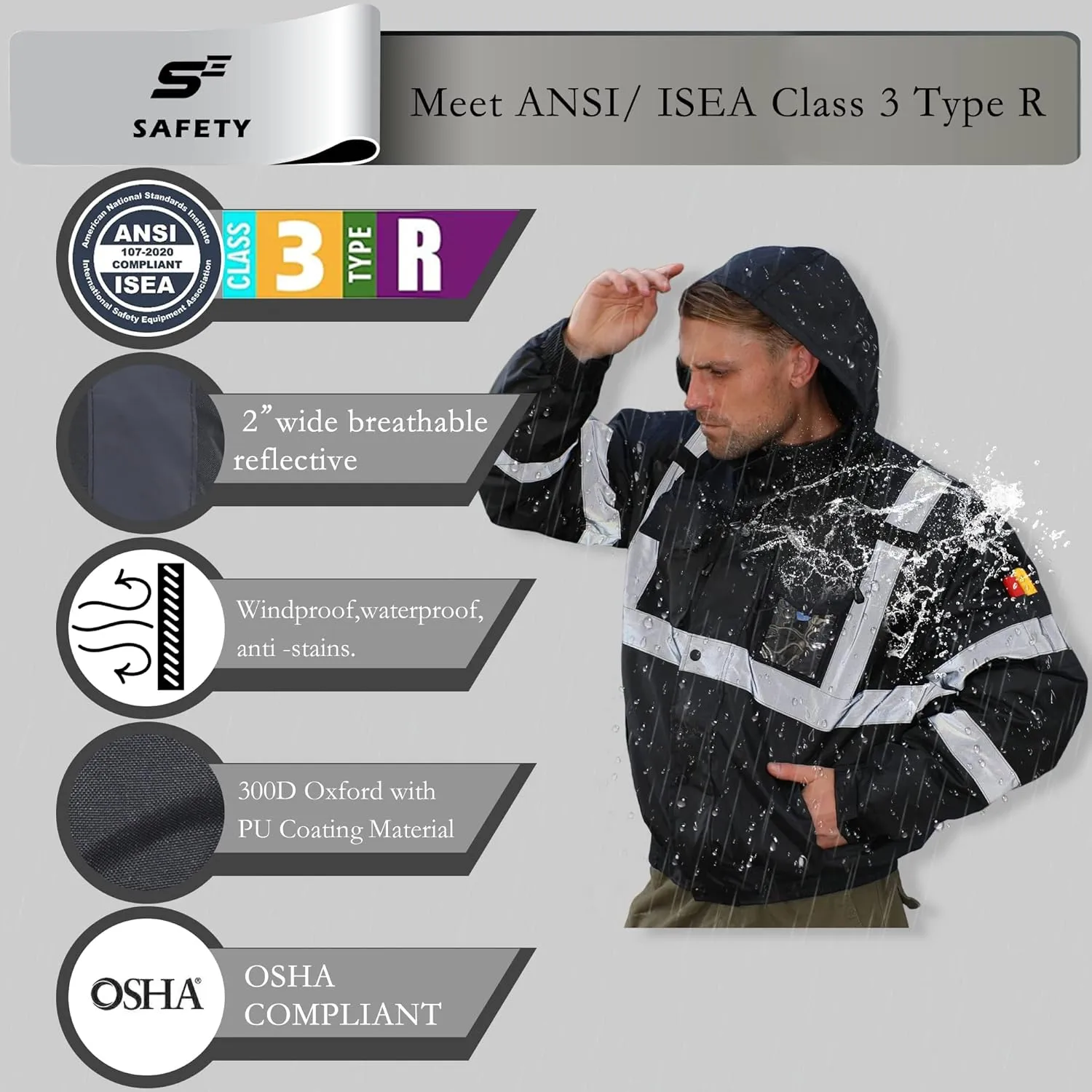 sesafety Reflective Jacket for Men, High Visibility Jackets, Safety Jackets for Men, Hi Vis Construction Bomber Jackets Waterproof with Pockets and Zipper, Black Bottom, Class 3