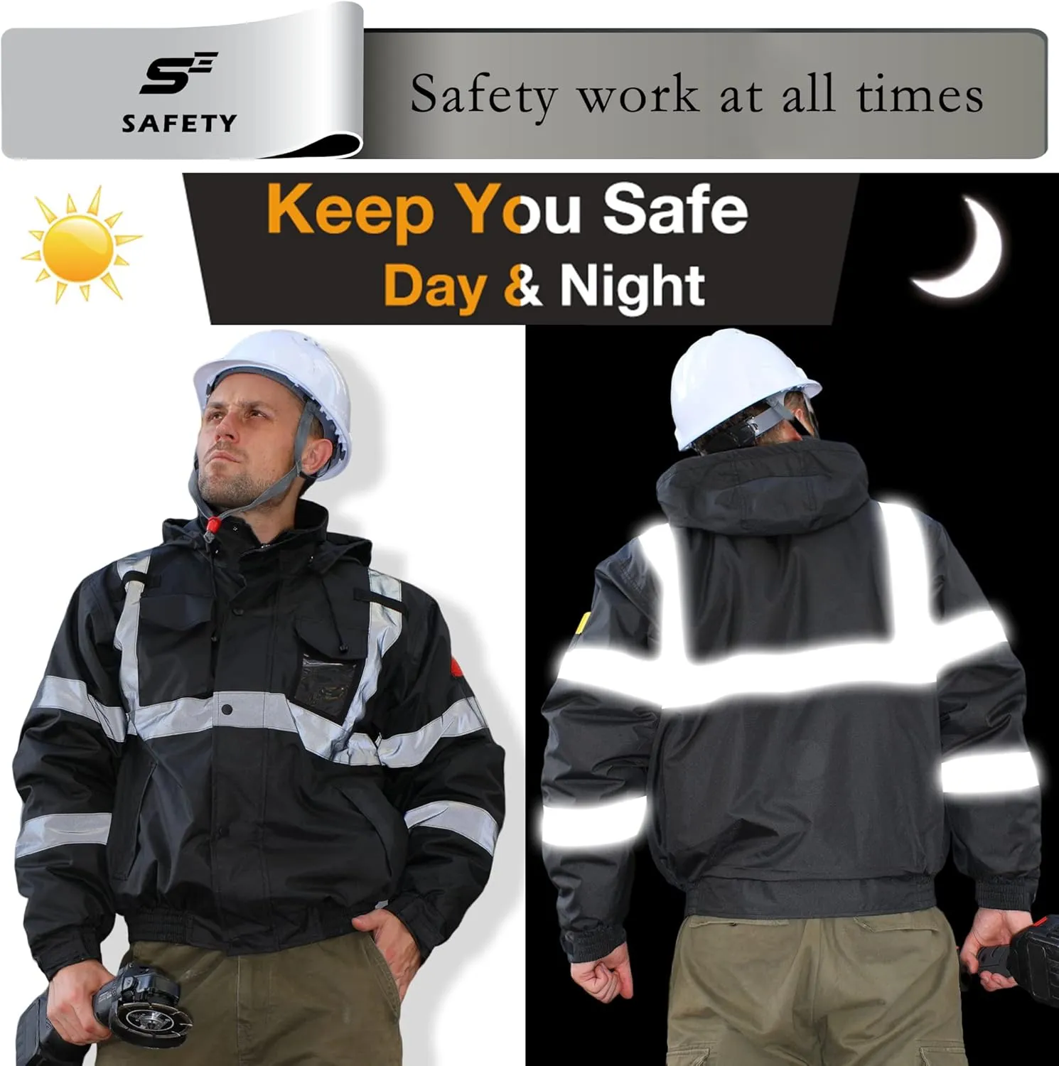 sesafety Reflective Jacket for Men, High Visibility Jackets, Safety Jackets for Men, Hi Vis Construction Bomber Jackets Waterproof with Pockets and Zipper, Black Bottom, Class 3