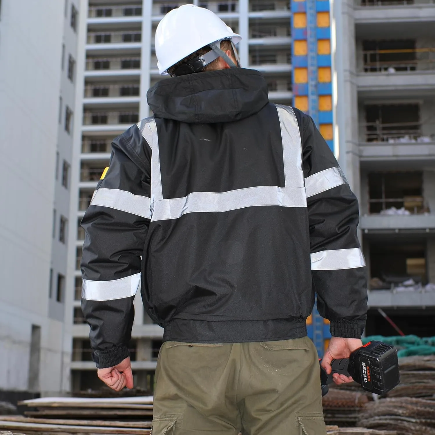 sesafety Reflective Jacket for Men, High Visibility Jackets, Safety Jackets for Men, Hi Vis Construction Bomber Jackets Waterproof with Pockets and Zipper, Black Bottom, Class 3