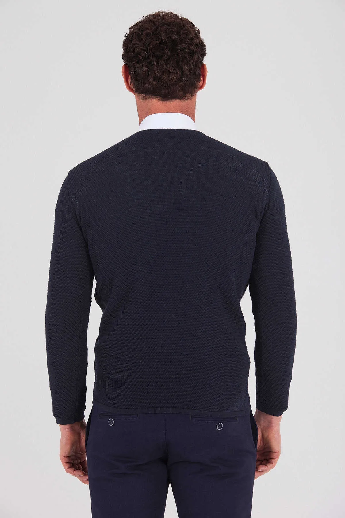 Slim Fit Plain Cotton Blend Khaki V-Neck Sweater, Navy