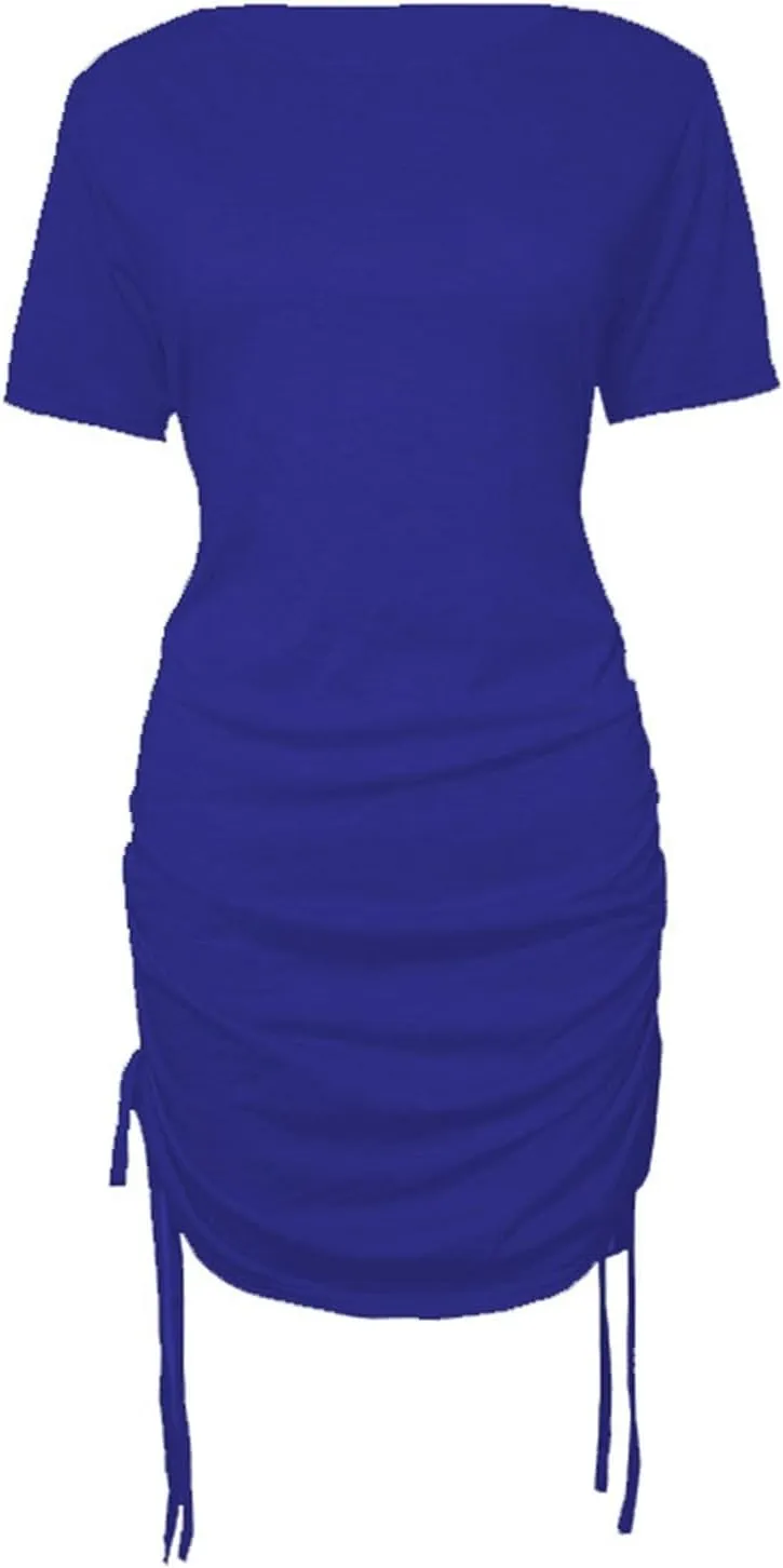 Summer Dresses for Women 2024 Side Drawstring Ruched Bodycon Mini Dress Short Sleeve Knit Crewneck Beach Sundress