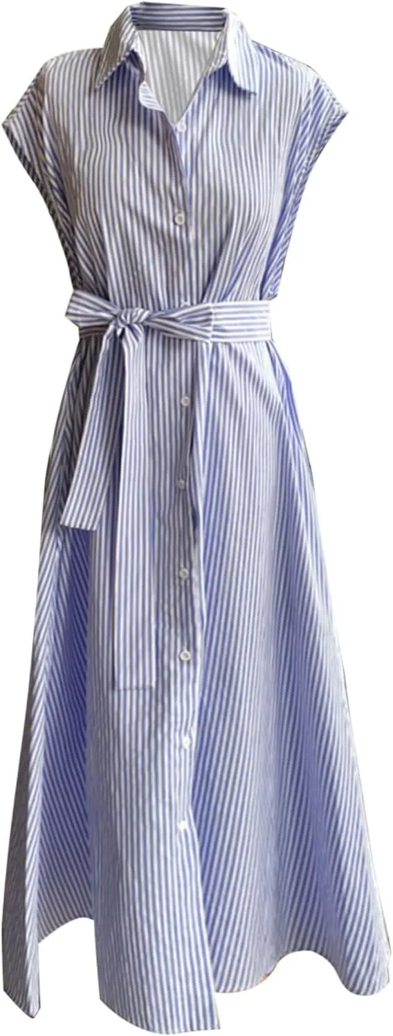 T Shirt Dress for Women with Waist Tie Casual Loose Fit Beach Cover Ups Striped Beach Short Sleeve Sundress with Pocket