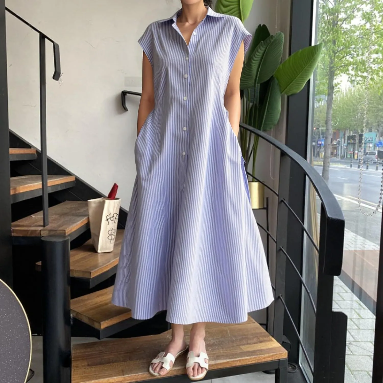 T Shirt Dress for Women with Waist Tie Casual Loose Fit Beach Cover Ups Striped Beach Short Sleeve Sundress with Pocket