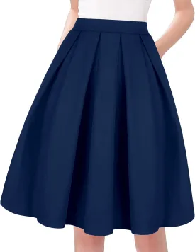 Tandisk Women's Vintage A-line Printed Pleated Flared Midi Skirt with Pockets